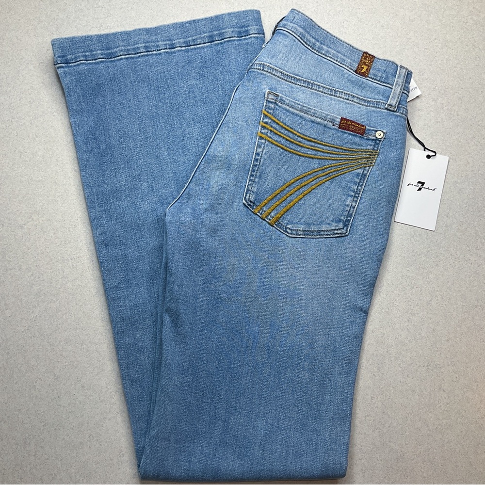 7 For All Mankind Light Blue Wide Leg Jeans with Yellow Stitching